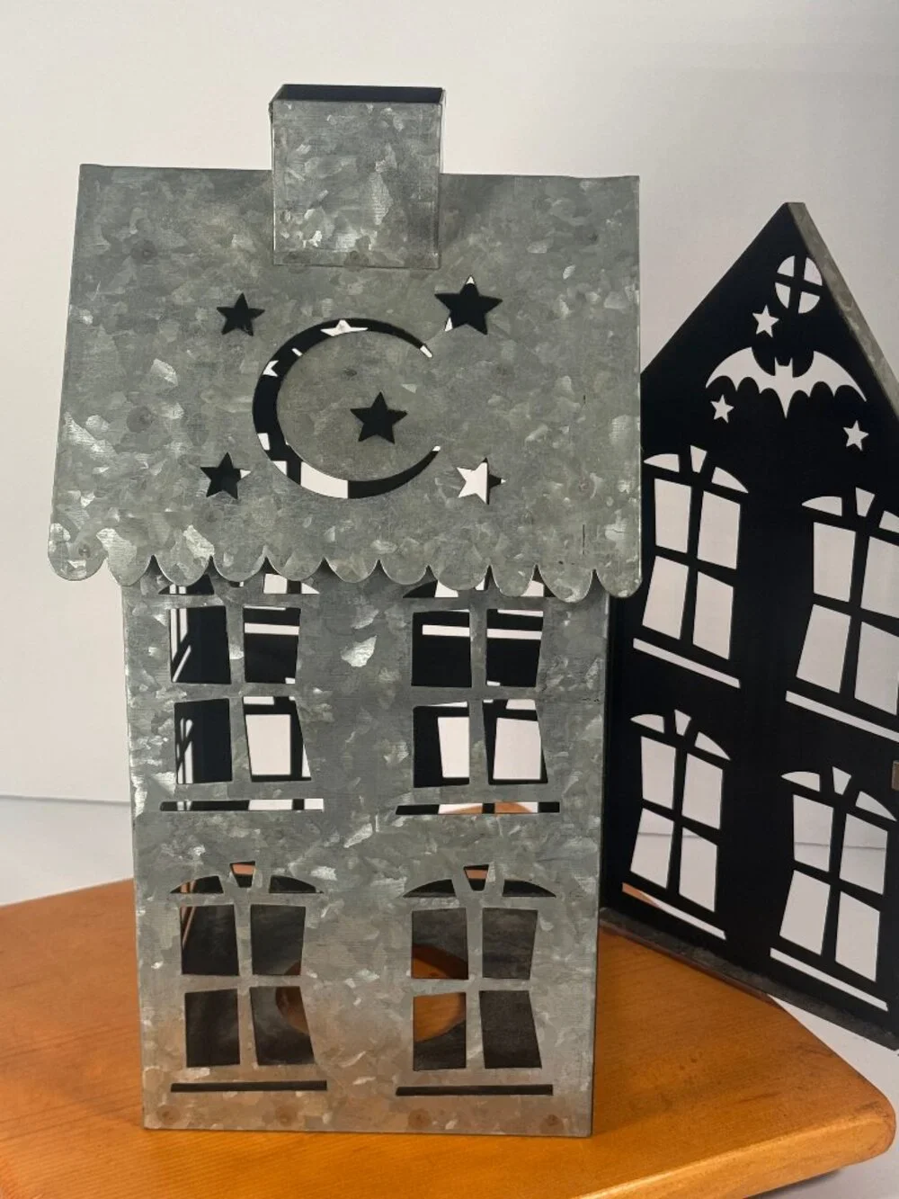 Rustic galvanized metal Halloween haunted house lantern